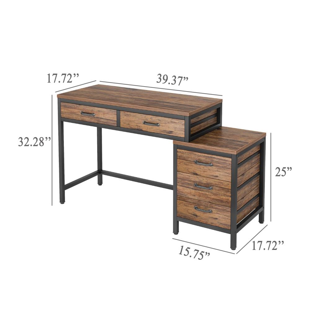 Eli Vanity Desk Table, 5 Drawers, Classic Brown Finish, Black Metal -BM328521
