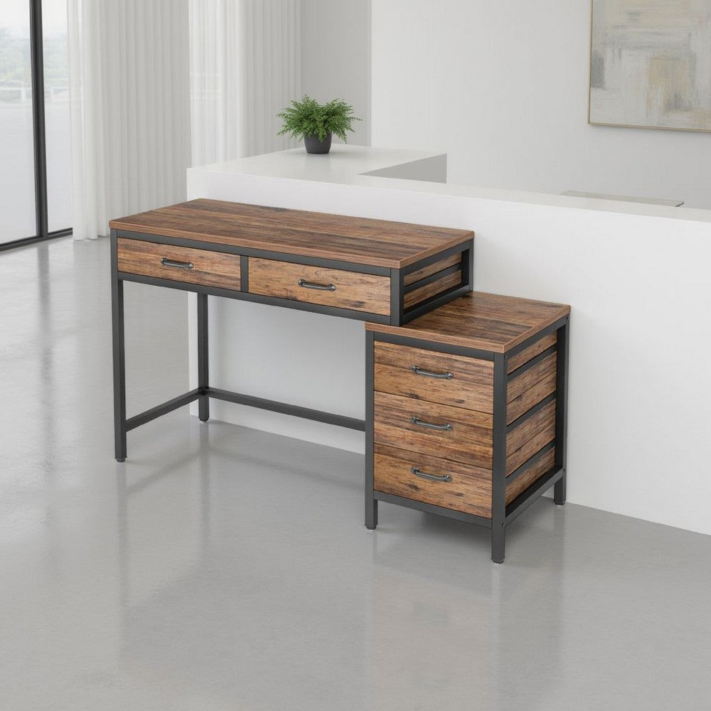 Eli Vanity Desk Table, 5 Drawers, Classic Brown Finish, Black Metal -BM328521