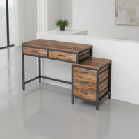 Eli Vanity Desk Table, 5 Drawers, Classic Brown Finish, Black Metal -BM328521