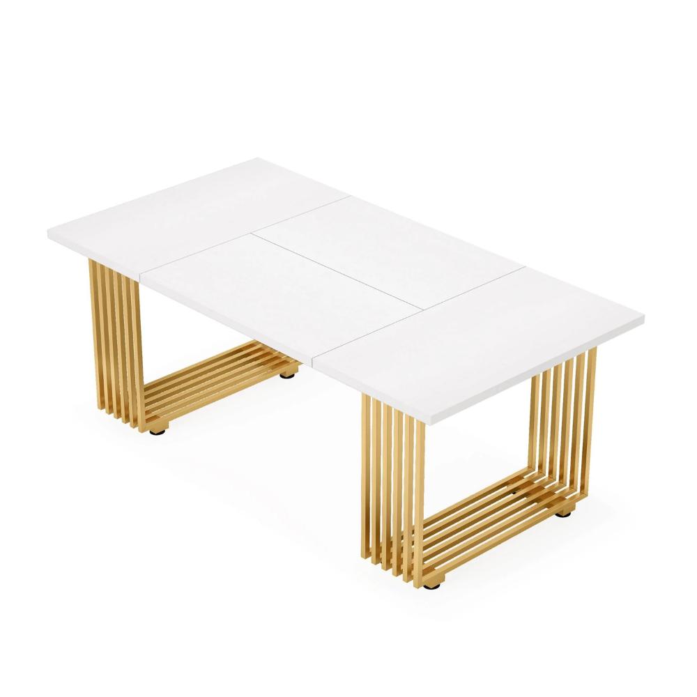 Office Desk, 71 Inch Modern Style White Top, Gold Geometric Metal Base -BM328524