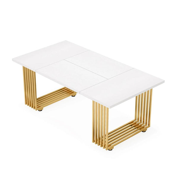 Office Desk, 71 Inch Modern Style White Top, Gold Geometric Metal Base -BM328524