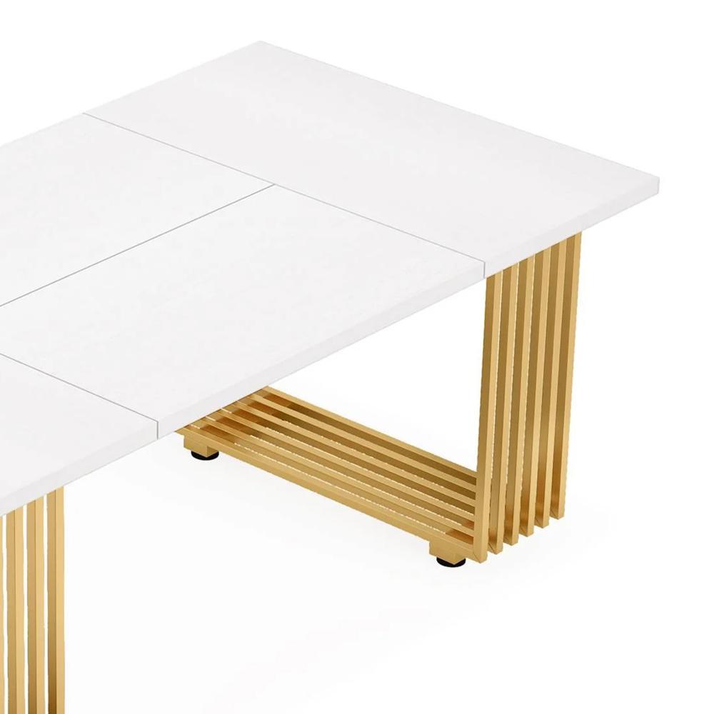 Office Desk, 71 Inch Modern Style White Top, Gold Geometric Metal Base -BM328524