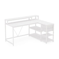 Executive Desk, L Shaped Top, Portable File Cabinet, 55 Inch White