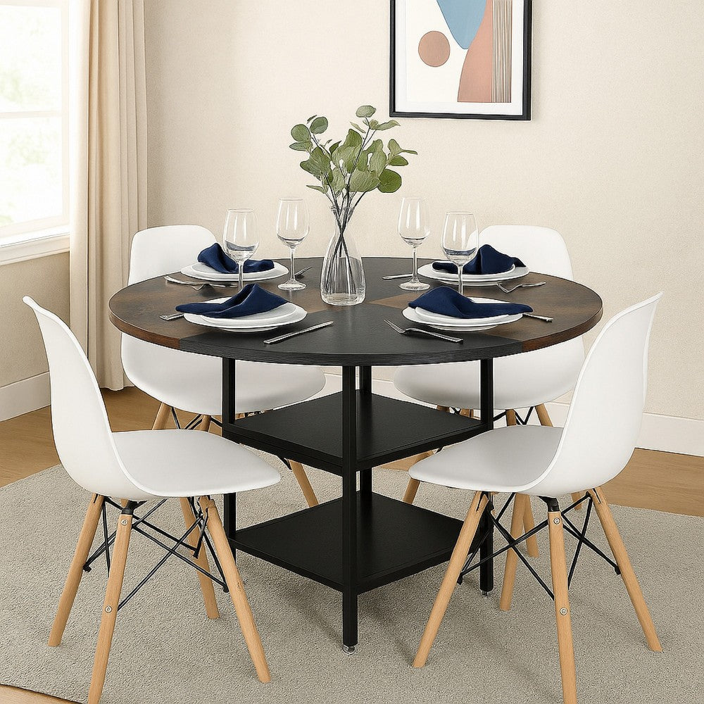 Dining Table, 47 Inch Round Top, 2 Storage Shelves, Black Metal -BM328527