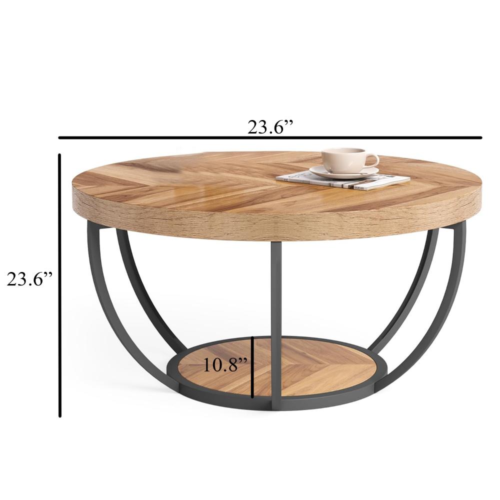 Ari Coffee Table, 32 Inch Round Top, Light Brown MDF, Black Metal Legs -BM328530