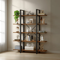 Etagere Bookshelf, 5 Tier Brown MDF Shelves, 70 Inch Black Metal Frame -BM328543