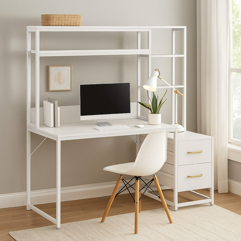 Computer Desk, 2 Drawers, Open Shelf Hutch, White Metal, 60 Inch -BM328544
