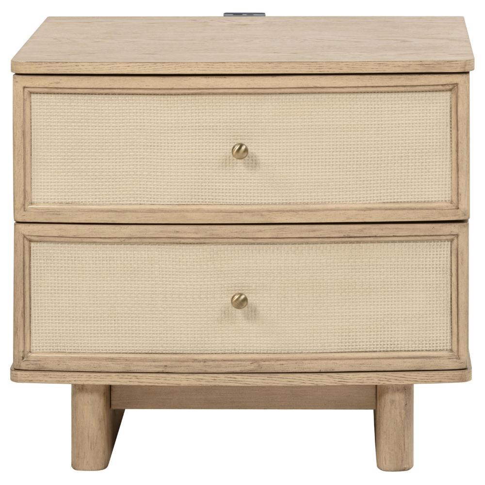Lno Nightstand, 2 Cane Accent Drawers w Brass Knobs, USB, Oak Beige -BM328555