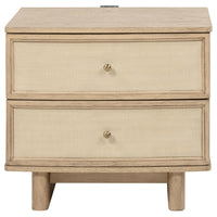 Lno Nightstand, 2 Cane Accent Drawers w Brass Knobs, USB, Oak Beige -BM328555