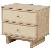 Lno Nightstand, 2 Cane Accent Drawers w Brass Knobs, USB, Oak Beige -BM328555