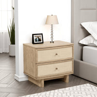 Lno Nightstand, 2 Cane Accent Drawers w Brass Knobs, USB, Oak Beige -BM328555
