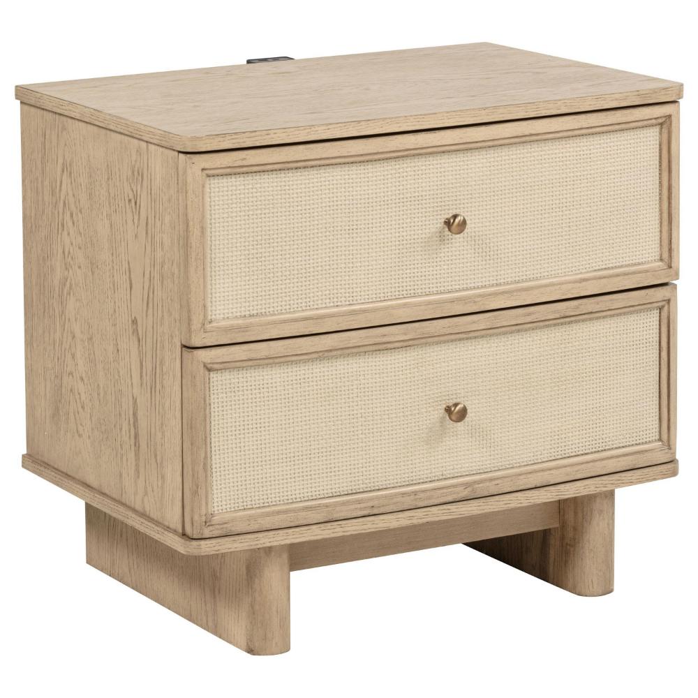 Lno Nightstand, 2 Cane Accent Drawers w Brass Knobs, USB, Oak Beige