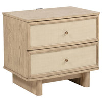 Lno Nightstand, 2 Cane Accent Drawers w Brass Knobs, USB, Oak Beige