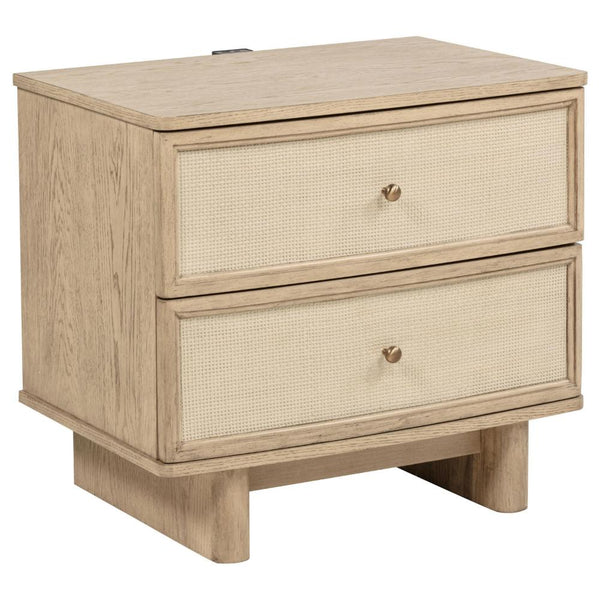 Lno Nightstand, 2 Cane Accent Drawers w Brass Knobs, USB, Oak Beige