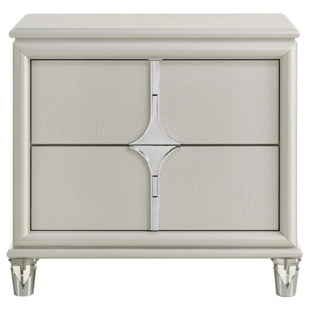 Ory Nightstand w 2 Drawers, Chrome Star Handle, Pearl Ivory Wood -BM328571
