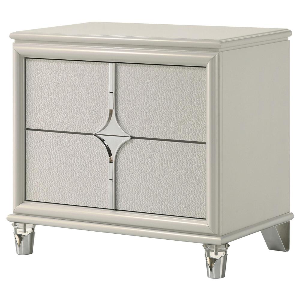 Ory Nightstand w 2 Drawers, Chrome Star Handle, Pearl Ivory Wood -BM328571