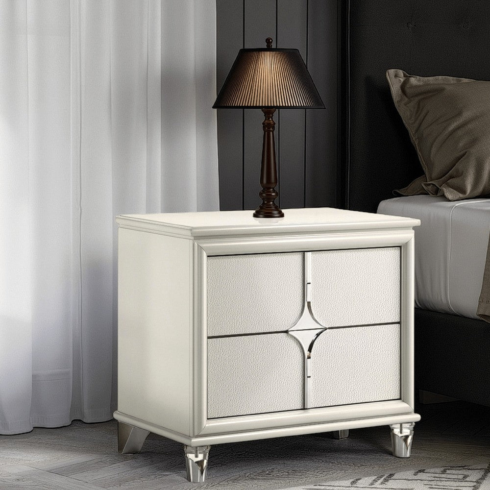 Ory Nightstand w 2 Drawers, Chrome Star Handle, Pearl Ivory Wood -BM328571