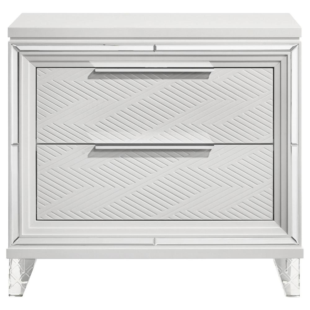 Mory Nightstand, 2 Drawers, Embossed Herringbone Pattern White, Chrome -BM328577