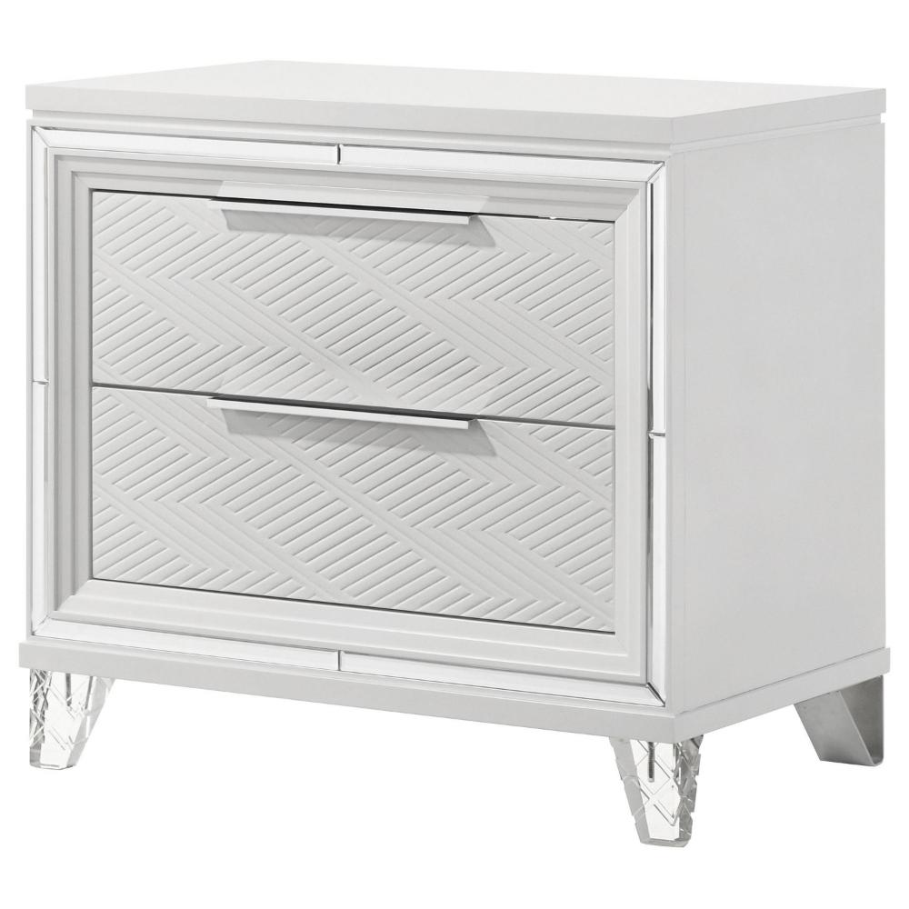 Mory Nightstand, 2 Drawers, Embossed Herringbone Pattern White, Chrome -BM328577