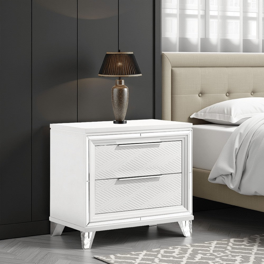 Mory Nightstand, 2 Drawers, Embossed Herringbone Pattern White, Chrome -BM328577