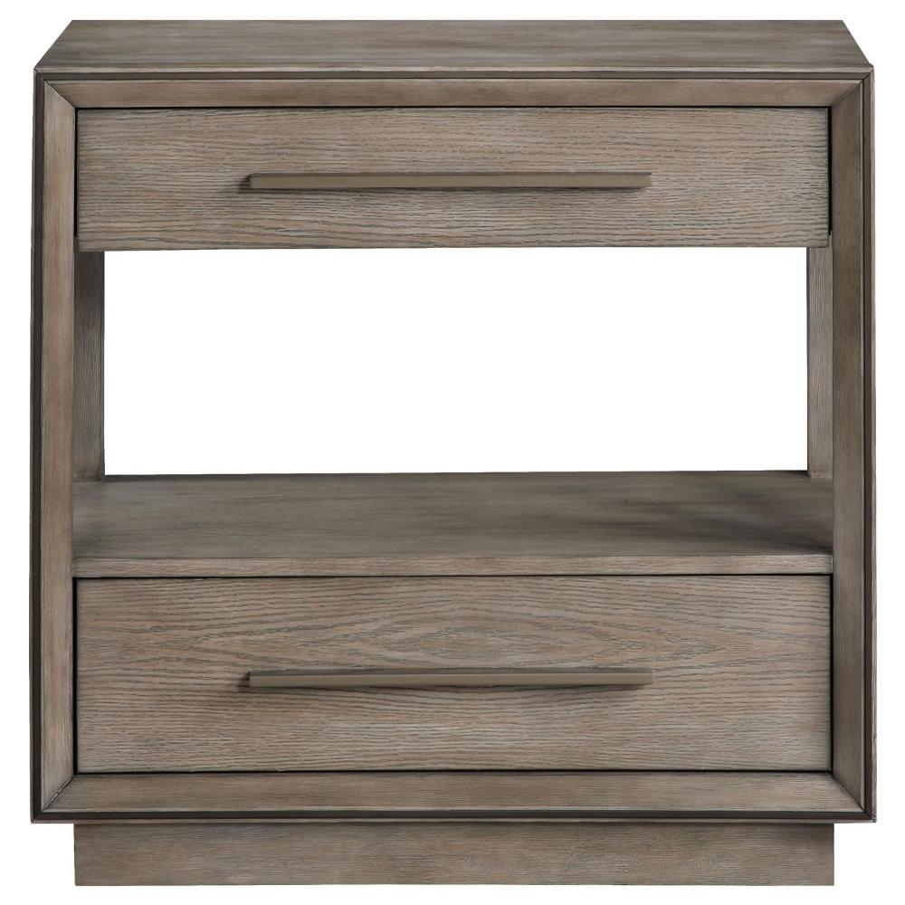Lyni Nightstand, 2 Storage Drawers, Open Shelf, Washed Oak Brown -BM328583
