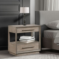 Lyni Nightstand, 2 Storage Drawers, Open Shelf, Washed Oak Brown -BM328583