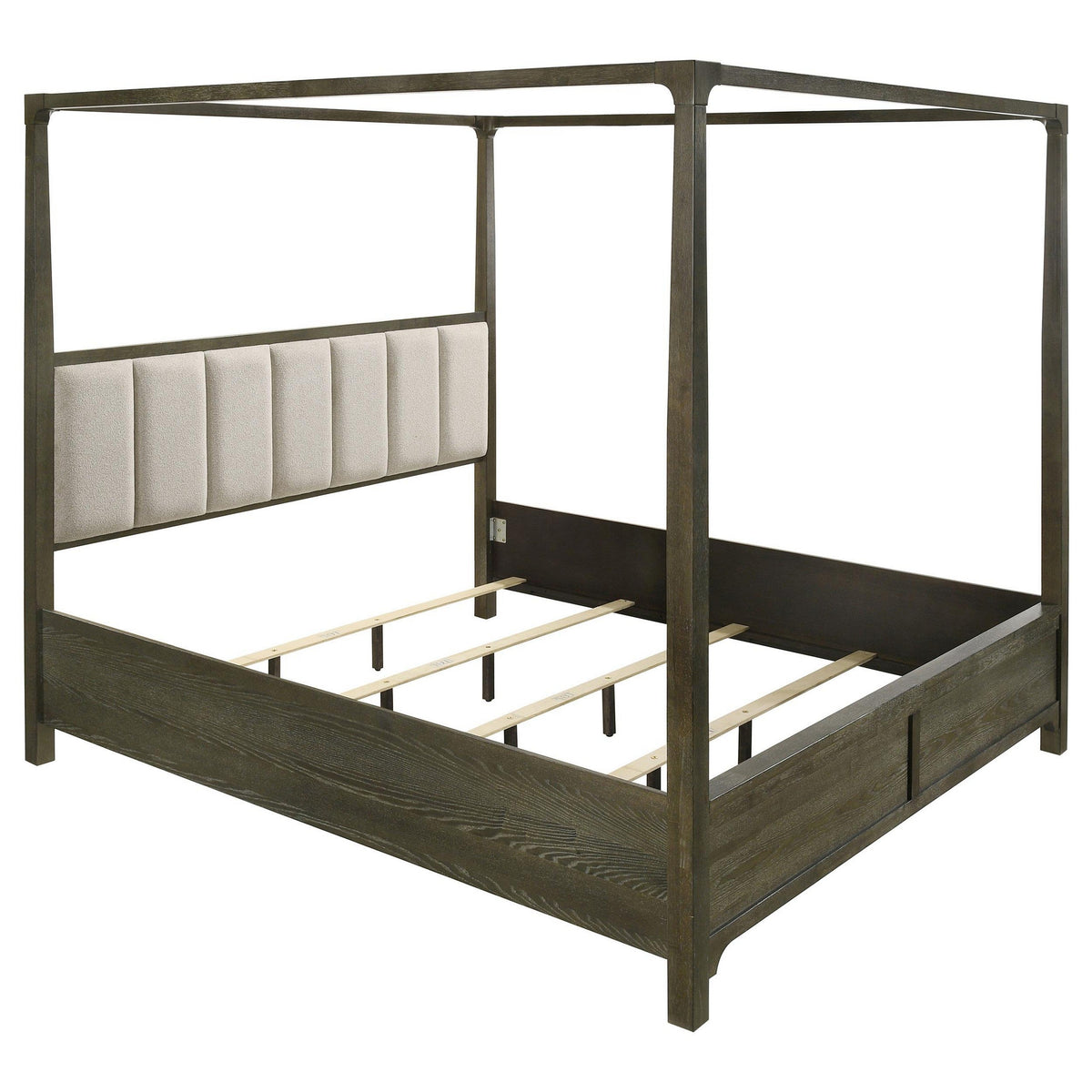 Seon Queen Canopy Bed w 4 Posters, Ivory Upholstery, Dark Cocoa Brown-BM328595