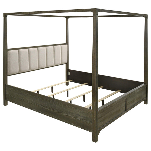 Seon Queen Canopy Bed w 4 Posters, Ivory Upholstery, Dark Cocoa Brown-BM328595