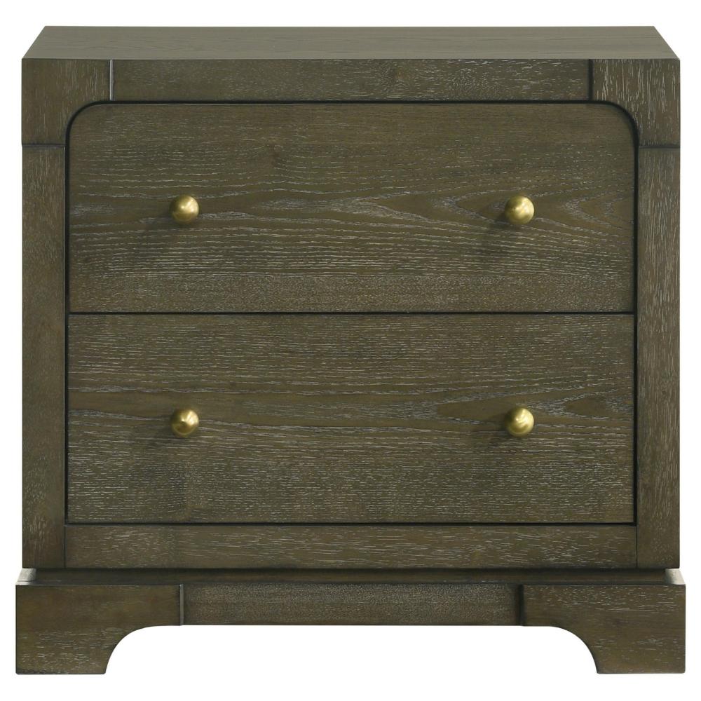 Seon Nightstand, 2 Drawers with Brass Knobs, Dark Cocoa Brown Wood -BM328598