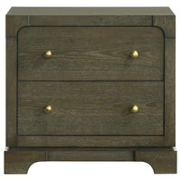 Seon Nightstand, 2 Drawers with Brass Knobs, Dark Cocoa Brown Wood -BM328598