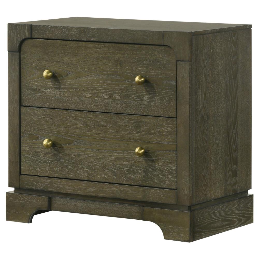 Seon Nightstand, 2 Drawers with Brass Knobs, Dark Cocoa Brown Wood -BM328598