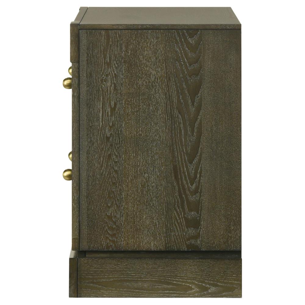 Seon Nightstand, 2 Drawers with Brass Knobs, Dark Cocoa Brown Wood -BM328598