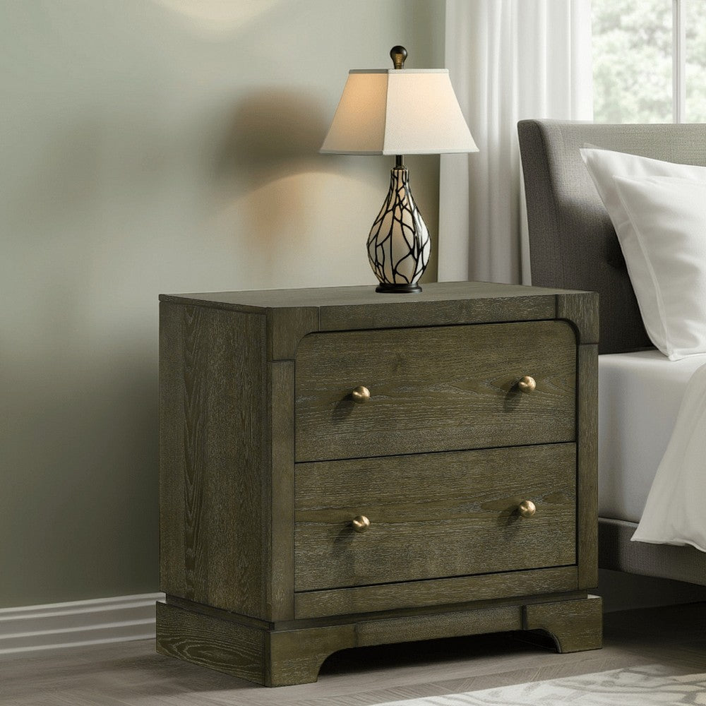 Seon Nightstand, 2 Drawers with Brass Knobs, Dark Cocoa Brown Wood -BM328598