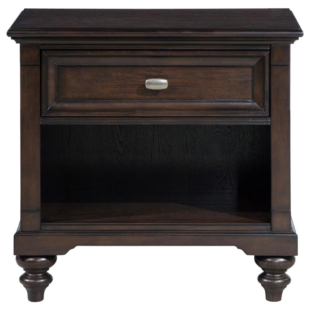 Meon Nightstand w Drawer and Open Cubby Shelf, Dark Oak Brown Wood -BM328604