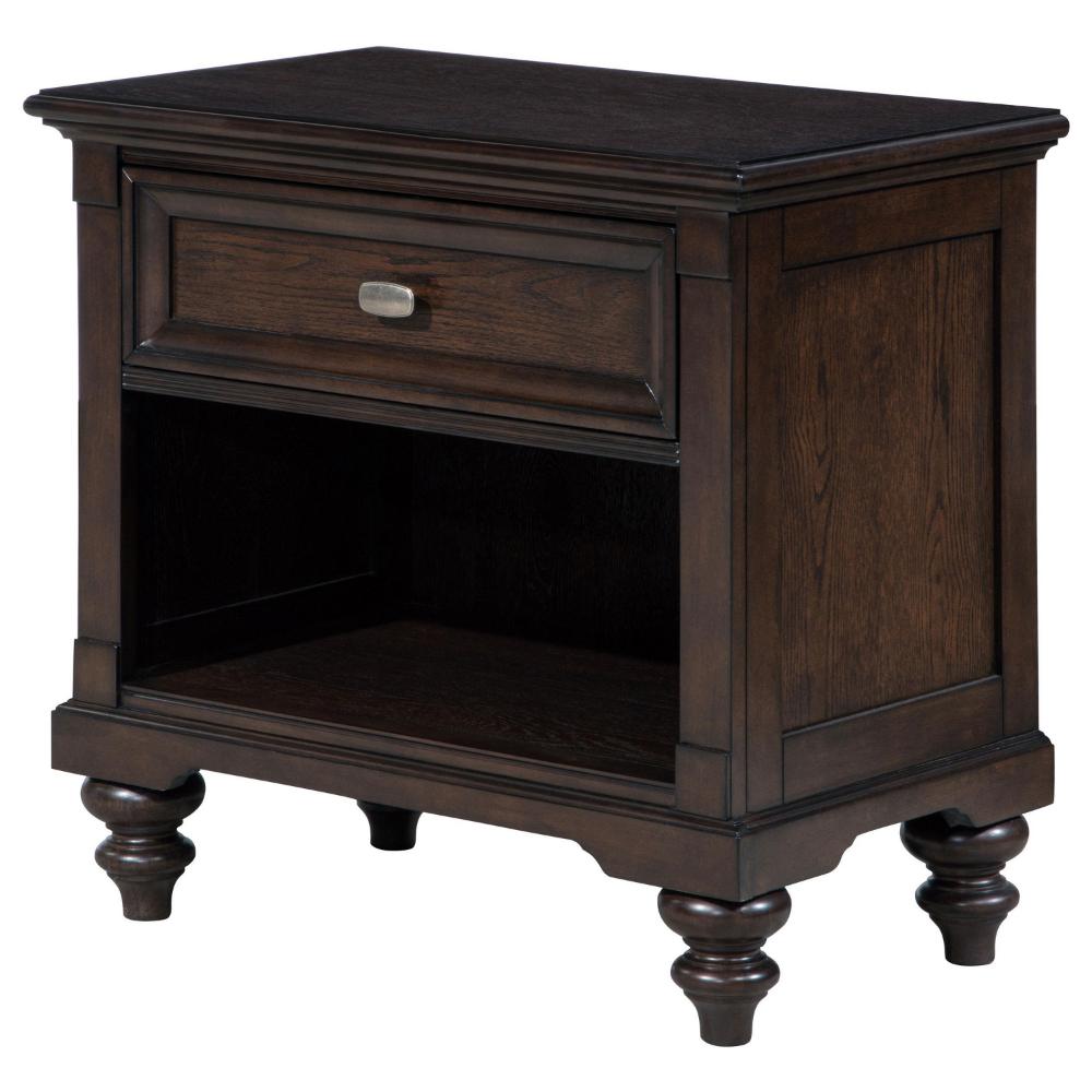 Meon Nightstand w Drawer and Open Cubby Shelf, Dark Oak Brown Wood -BM328604