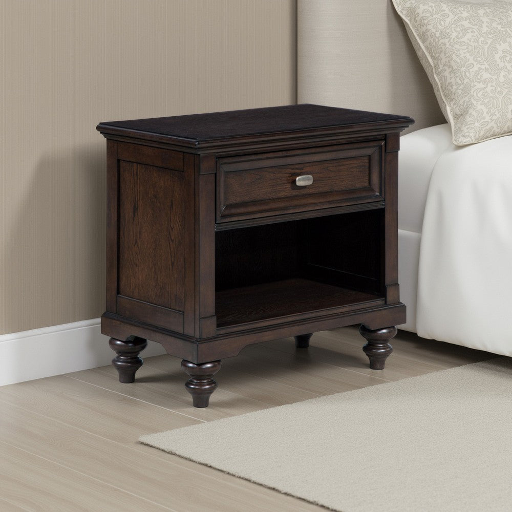 Meon Nightstand w Drawer and Open Cubby Shelf, Dark Oak Brown Wood -BM328604