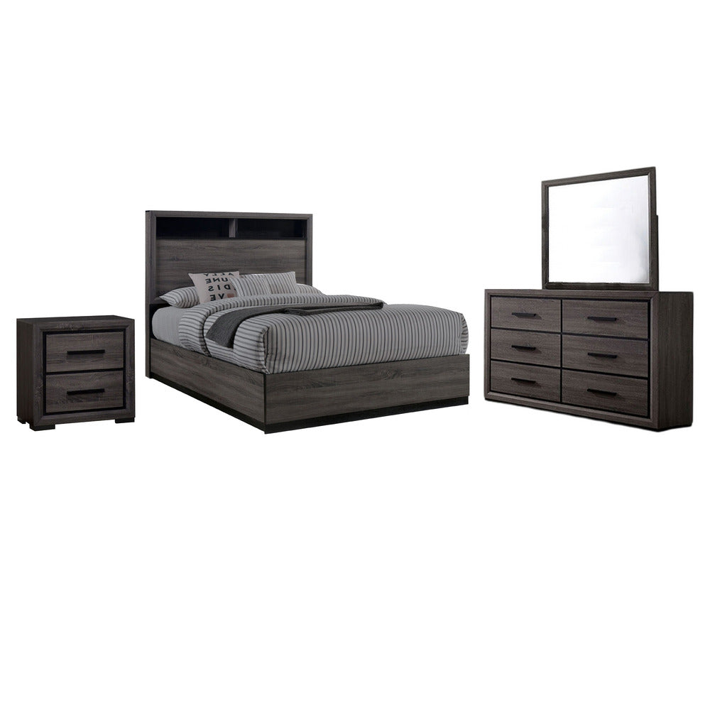 Zo 4 Piece King Size Bedroom Set, Two Tone Gray and Black Trims - BM328607