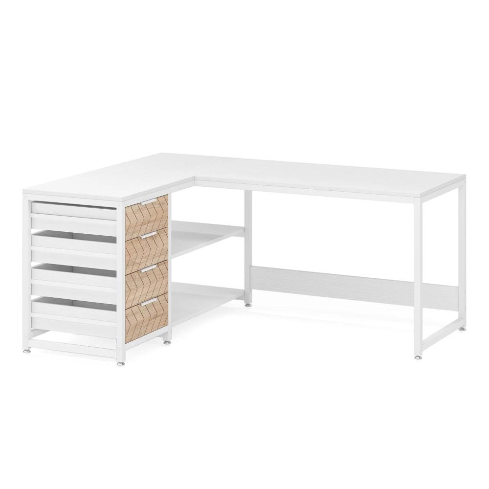 L Shaped Computer Office Desk, 3 Drawer, 2 White Metal Shelves 59 Inch -BM328608