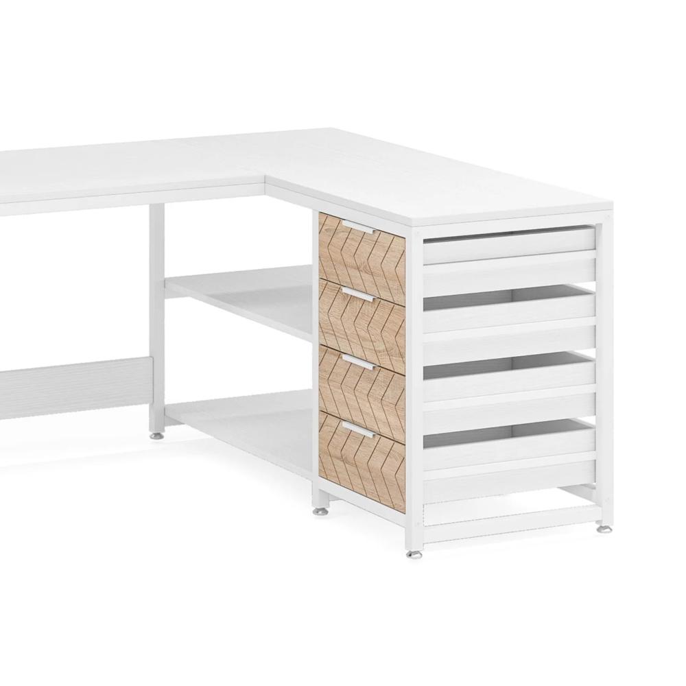 L Shaped Computer Office Desk, 3 Drawer, 2 White Metal Shelves 59 Inch -BM328608
