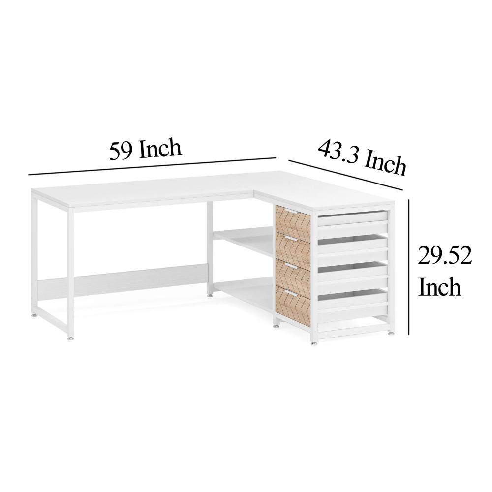 L Shaped Computer Office Desk, 3 Drawer, 2 White Metal Shelves 59 Inch -BM328608