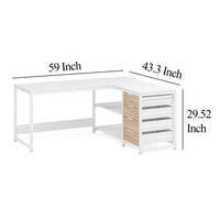 L Shaped Computer Office Desk, 3 Drawer, 2 White Metal Shelves 59 Inch -BM328608