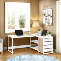 L Shaped Computer Office Desk, 3 Drawer, 2 White Metal Shelves 59 Inch -BM328608