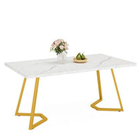 Computer Office Desk, 55 Inch Painted Gold Metal, White Faux Marble -BM328611