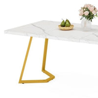 Computer Office Desk, 55 Inch Painted Gold Metal, White Faux Marble -BM328611