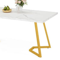 Computer Office Desk, 55 Inch Painted Gold Metal, White Faux Marble -BM328611