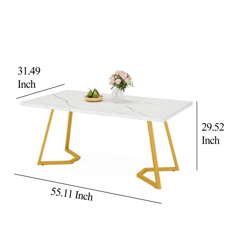 Computer Office Desk, 55 Inch Painted Gold Metal, White Faux Marble -BM328611