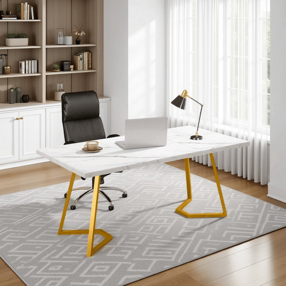 Computer Office Desk, 55 Inch Painted Gold Metal, White Faux Marble -BM328611