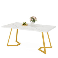 Computer Office Desk, 55 Inch Painted Gold Metal, White Faux Marble