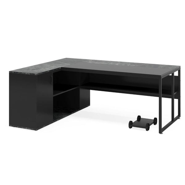Executive Office Desk, 71 Inch Gray L Shape, 2 Shelves, Black Metal