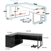 Executive Office Desk, 71 Inch Gray L Shape, 2 Shelves, Black Metal -BM328612